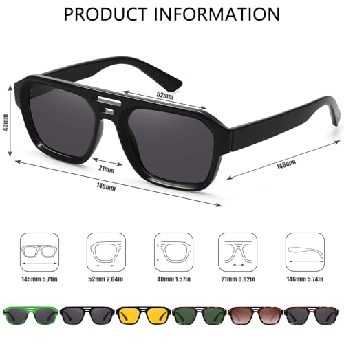 Fozono Aviator Sunglasses for Women Men Trendy Square Retro Double Bridge Aviators Sunglasses FZN822(Black) - Image 3