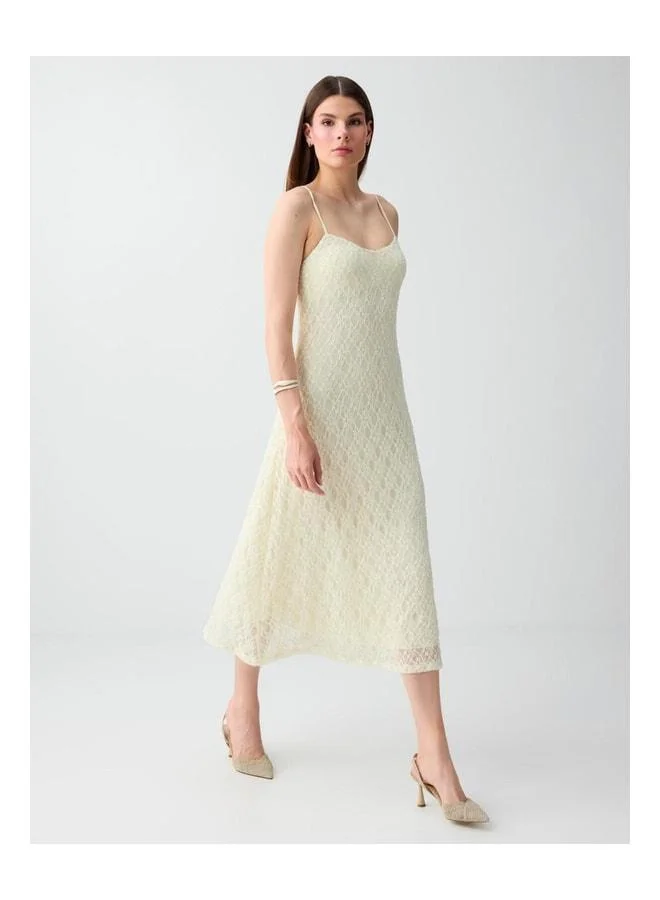 Jimmy Key Yellow Straight Cut Strap Midi Lace Dress.
