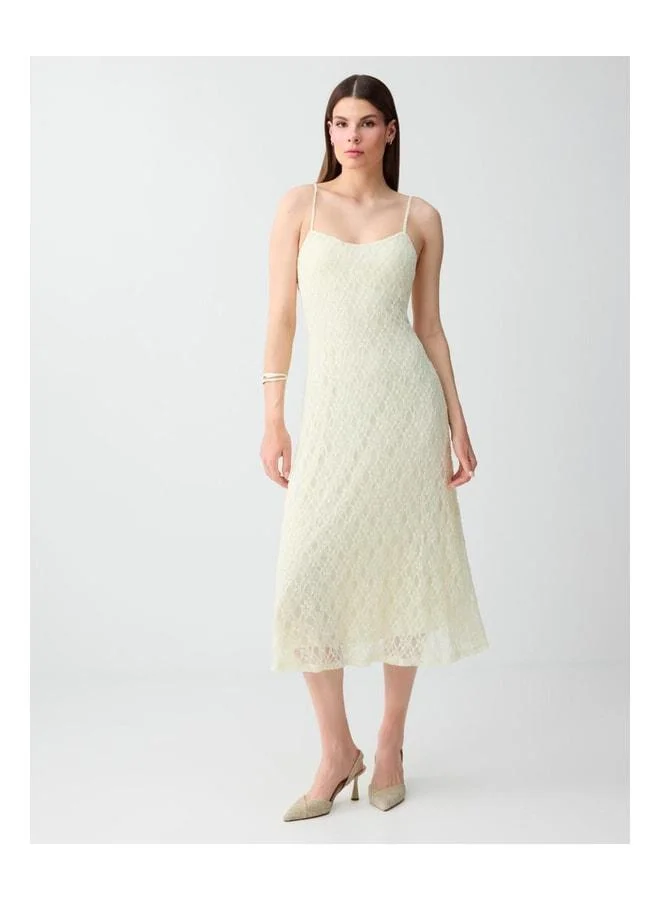 Jimmy Key Yellow Straight Cut Strap Midi Lace Dress.