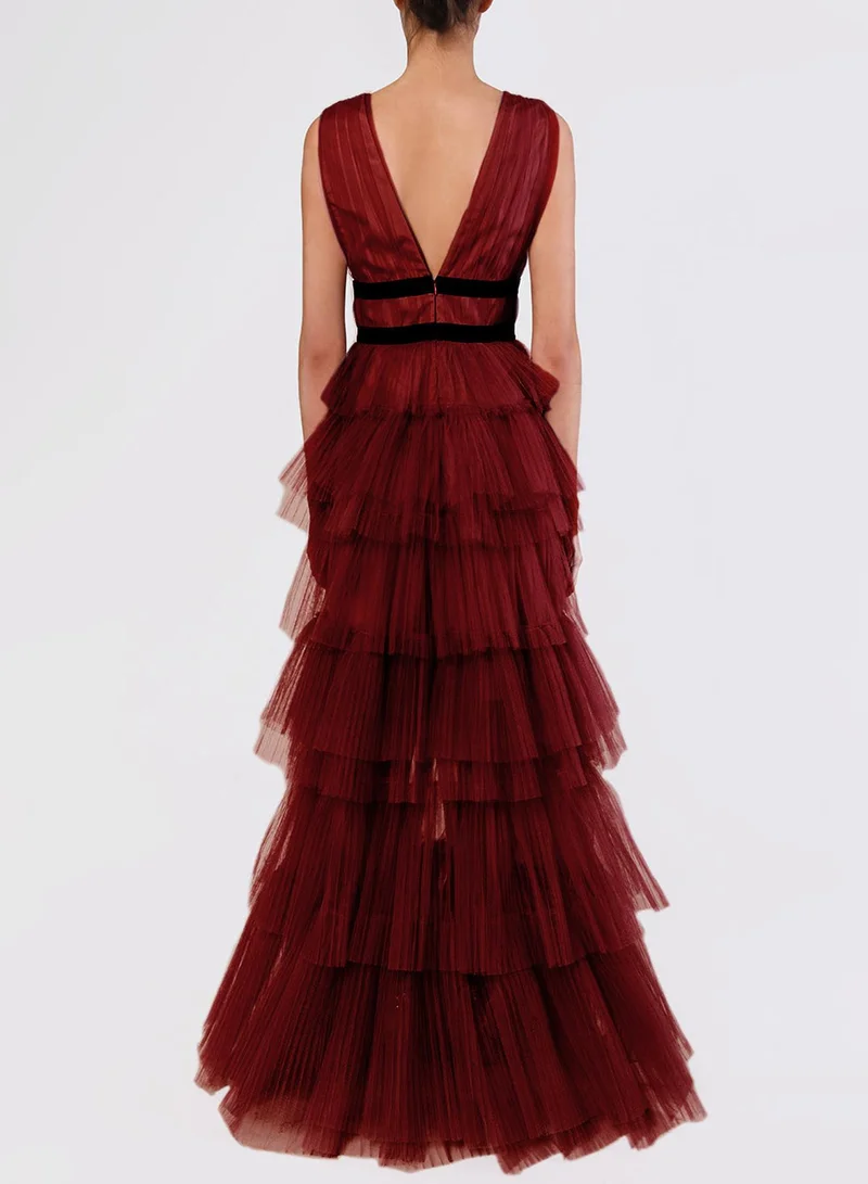 ترو ديكادينس Eliza Burgundy Plunging Neck Layered Tulle Skirt Maxi-Dress
