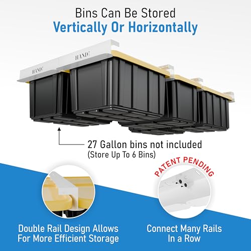 HANDT USA Based Overhead Garage Storage Rack, Connectable Heavy Duty Metal Ceiling Rails Garage Storage Organization Shelving System, Hanging Racks Tote Containers, Supports Up To 6 Bins, 4 Sets White - Image 2