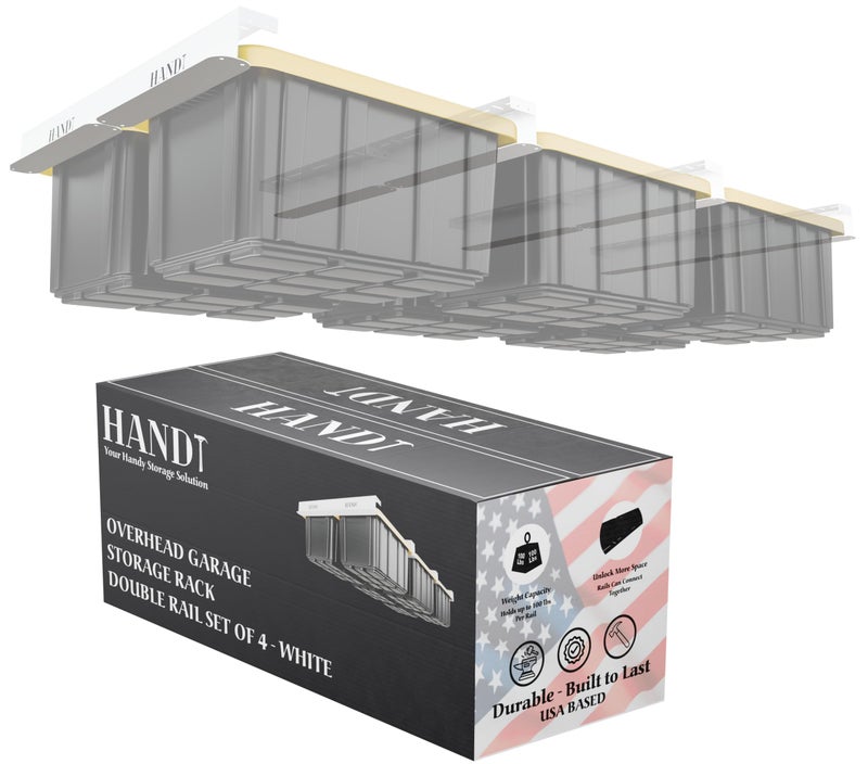 HANDT USA Based Overhead Garage Storage Rack, Connectable Heavy Duty Metal Ceiling Rails Garage Storage Organization Shelving System, Hanging Racks Tote Containers, Supports Up To 6 Bins, 4 Sets White - Image 1
