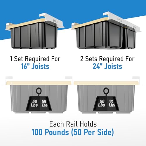 HANDT USA Based Overhead Garage Storage Rack, Connectable Heavy Duty Metal Ceiling Rails Garage Storage Organization Shelving System, Hanging Racks Tote Containers, Supports Up To 6 Bins, 4 Sets White - Image 5