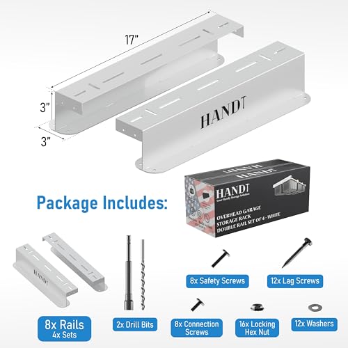 HANDT USA Based Overhead Garage Storage Rack, Connectable Heavy Duty Metal Ceiling Rails Garage Storage Organization Shelving System, Hanging Racks Tote Containers, Supports Up To 6 Bins, 4 Sets White - Image 4