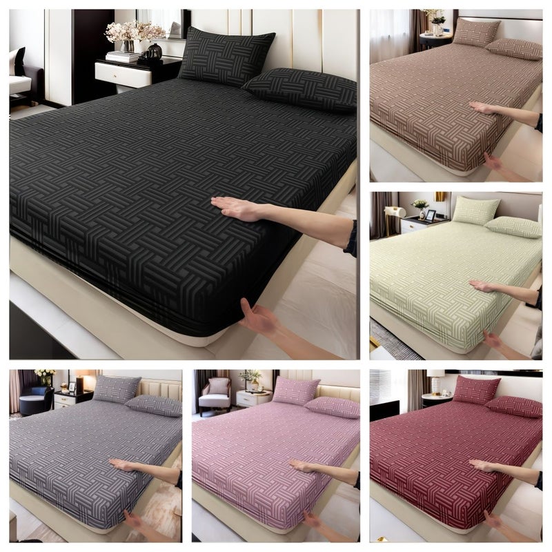 3pcs Twin Size Black Fitted Sheet Mattress Protector Set High Quality Brushed Bedspread with Geometric Check Print Skin Friendly Floral Design for Home Bedroom Dormitory Hotel Use Includes 2 Pillowcases - Image 1