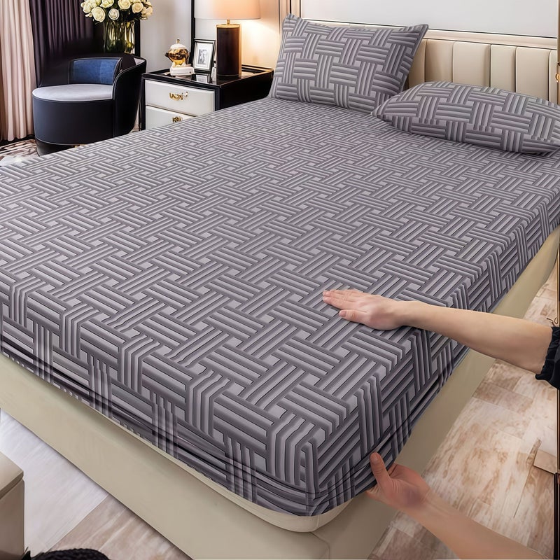 3pcs Twin Size Black Fitted Sheet Mattress Protector Set High Quality Brushed Bedspread with Geometric Check Print Skin Friendly Floral Design for Home Bedroom Dormitory Hotel Use Includes 2 Pillowcases - Image 5