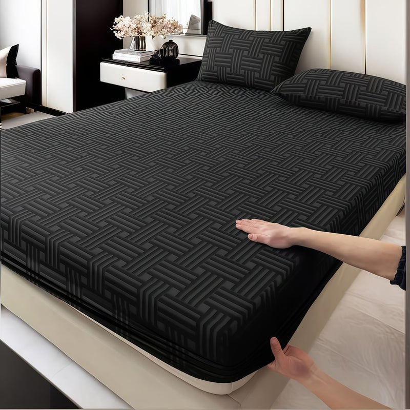 3pcs Twin Size Black Fitted Sheet Mattress Protector Set High Quality Brushed Bedspread with Geometric Check Print Skin Friendly Floral Design for Home Bedroom Dormitory Hotel Use Includes 2 Pillowcases - Image 2