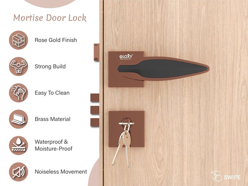 GLOXY Brass Door Lock for Main Door and Bedroom Door Mortise Door Lock Set Brass Lock Body and Cylinder with 3 Brass Key for HomeOfficeHotel Rose Gold Black Finish 2 Years Warranty Pack of 1 - Image 3