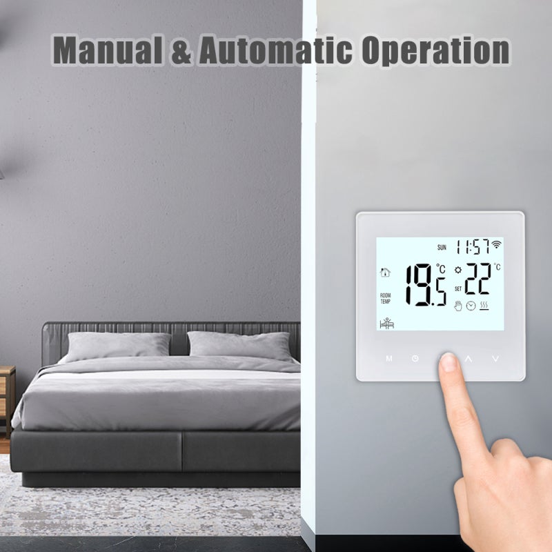 Smart Thermostat: White 2" Width, 6+1 Programming Function, NTC Temperature Sensor - LCD Touch Display, Manual & Automatic Mode Room Thermostat for Home Indoor Heating Cooling Systems - Image 2
