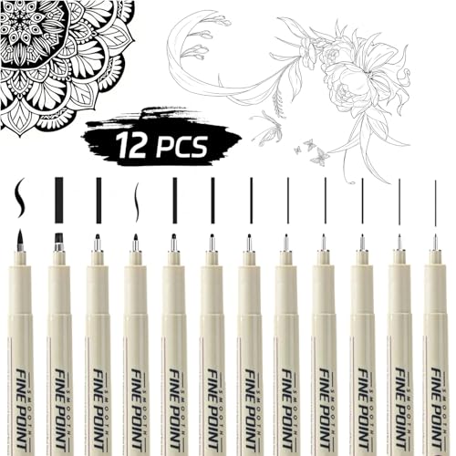 Amitasha 12 Pieces Black Fine Point Pens Set with Different Nib Sizes – Extra Fine Point Type for Calligraphy, Drawing, Writing, Designing, Comic, Waterproof & Quick Drying - Image 1