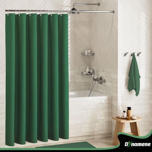 Dynamene Dark Green Fabric Shower Curtain - Waffle Weave Textured Heavy Duty Cloth Shower Curtains for Bathroom, 256GSM Hotel Luxury Weighted Bath Curtain Set with 12 Hooks,72x72, Dark Green - Image 3