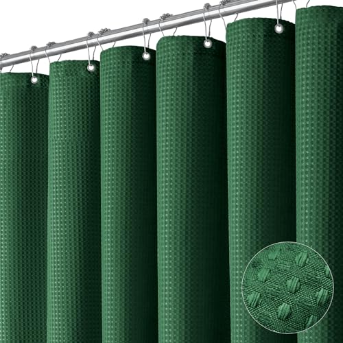 Dynamene Dark Green Fabric Shower Curtain - Waffle Weave Textured Heavy Duty Cloth Shower Curtains for Bathroom, 256GSM Hotel Luxury Weighted Bath Curtain Set with 12 Hooks,72x72, Dark Green - Image 1