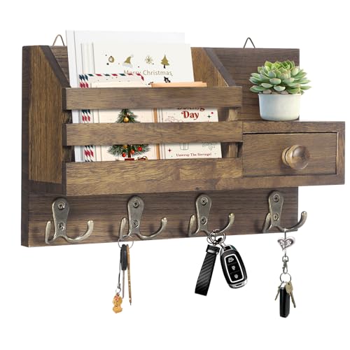 HOMEBROS Key Holder Wall Mount, Wooden Adhesive Mail and Key Organizer with Drawer, Small Shelf, 8 Hooks, 2 Installation Methods, Brown - Image 1