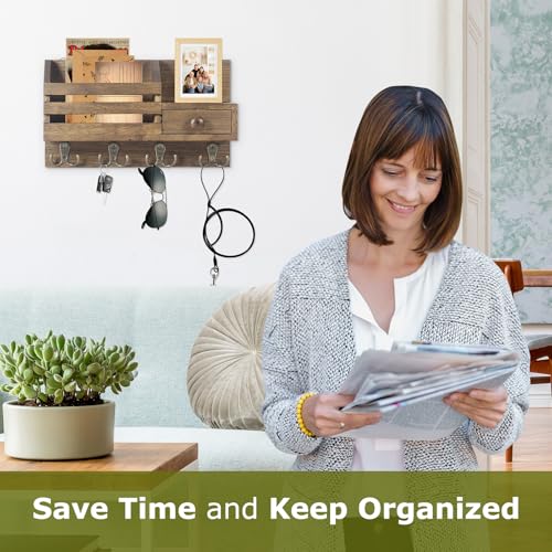 HOMEBROS Key Holder Wall Mount, Wooden Adhesive Mail and Key Organizer with Drawer, Small Shelf, 8 Hooks, 2 Installation Methods, Brown - Image 2