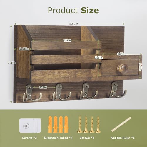 HOMEBROS Key Holder Wall Mount, Wooden Adhesive Mail and Key Organizer with Drawer, Small Shelf, 8 Hooks, 2 Installation Methods, Brown - Image 5