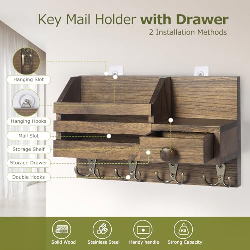 HOMEBROS Key Holder Wall Mount, Wooden Adhesive Mail and Key Organizer with Drawer, Small Shelf, 8 Hooks, 2 Installation Methods, Brown - Image 3