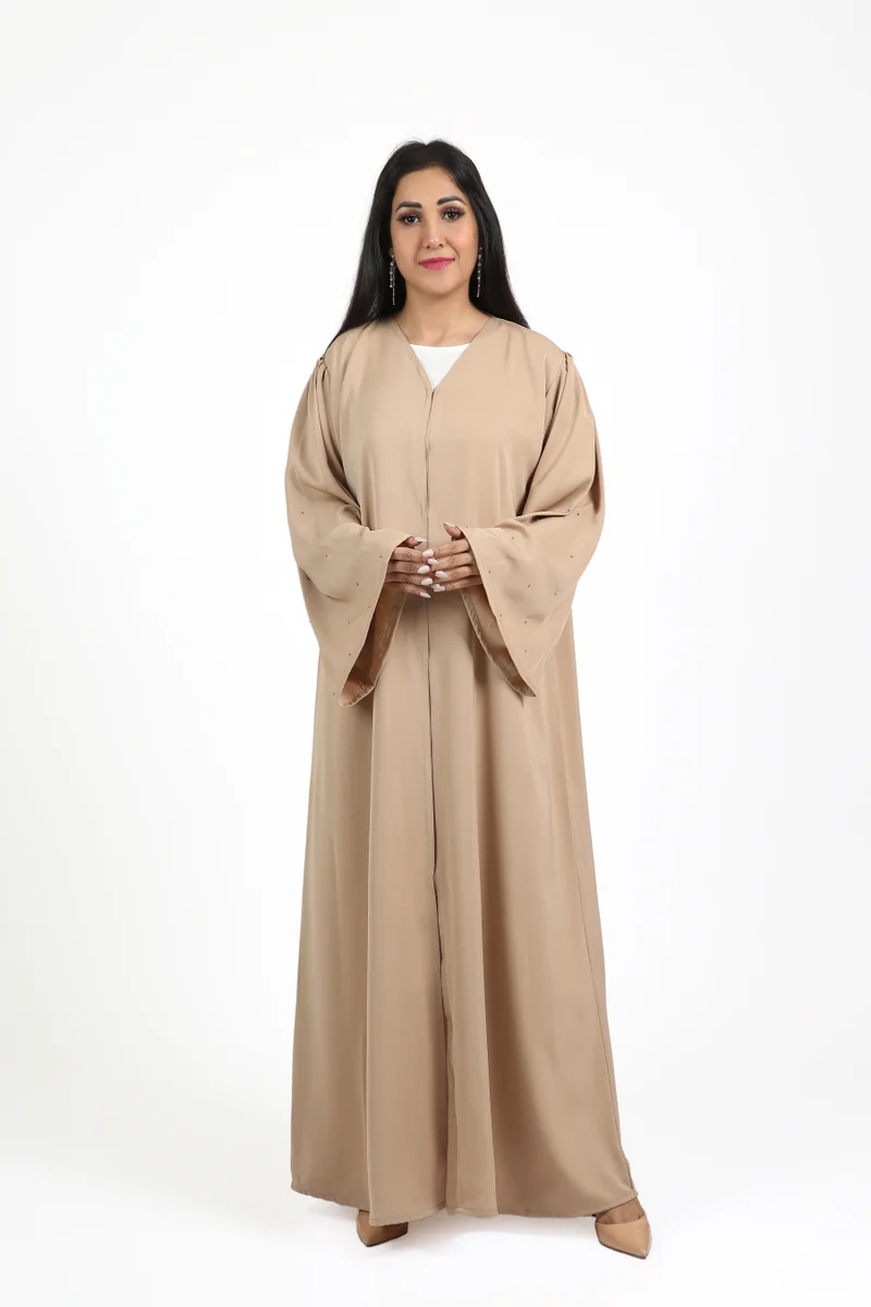Nikias Nikias Beige Abaya with Full Buttons and White Lace Sleeves