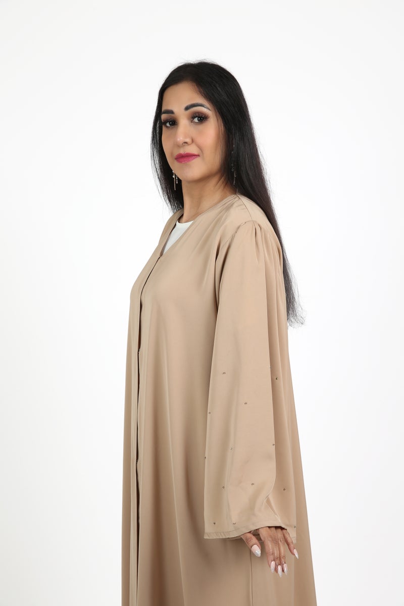 Nikias Beige Abaya with Full Buttons and White Lace Sleeves - Image 5