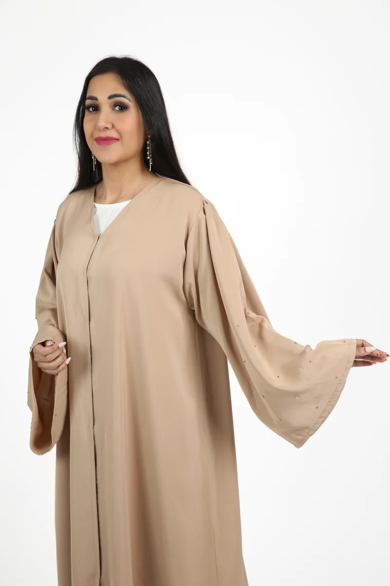 Nikias Nikias Beige Abaya with Full Buttons and White Lace Sleeves