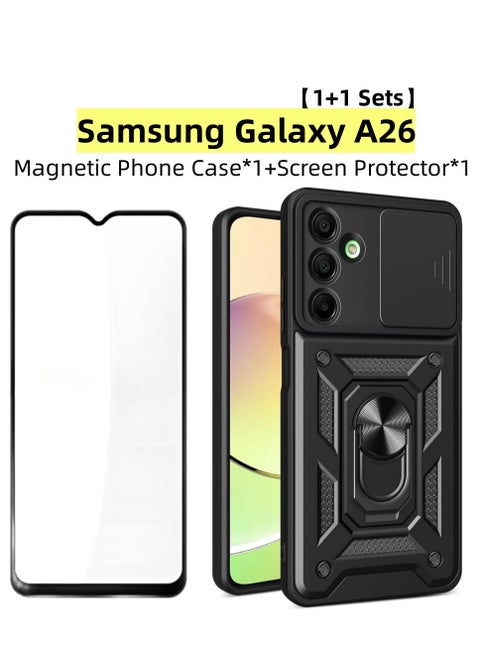 [1+1 Sets] For Samsung Galaxy A26 Case & Screen Protector Slide Camera Cover with Magnetic Car Mount Tempered Glass Screen Protector