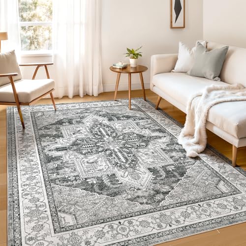 WITSHOCK Living Room Area Rugs 5x7: Washable Rug Boho Soft Non-Slip Low Pile Stain Resistant Foldable Carpet for Bedroom Playroom Dining Room Office Kitchen Farmhouse Home Decor Rug-Gray - Image 1