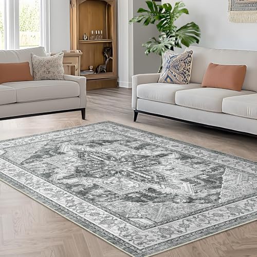WITSHOCK Living Room Area Rugs 5x7: Washable Rug Boho Soft Non-Slip Low Pile Stain Resistant Foldable Carpet for Bedroom Playroom Dining Room Office Kitchen Farmhouse Home Decor Rug-Gray - Image 3