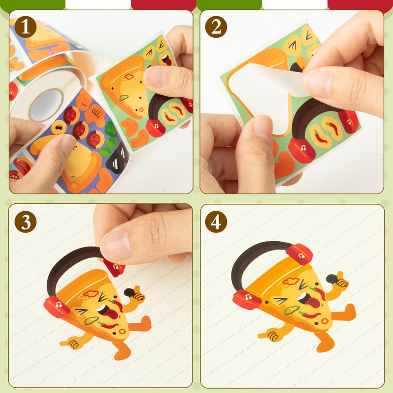 Haooryx 300pcs Make A Cartoon Pizza Scene Sticker Rolls, Make Your Own Pizza Slice DIY Sticker, Mix and Match Cute Pizza with Face Sticker Decals for Kids Birthday Party Supplies Laptop Decor - Image 4