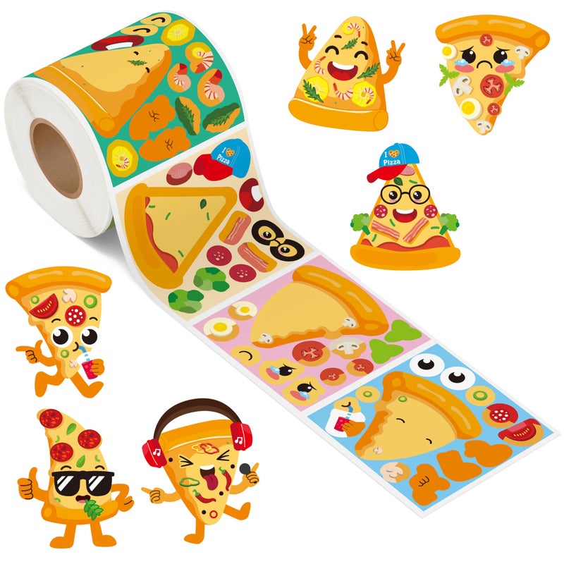 Haooryx 300pcs Make A Cartoon Pizza Scene Sticker Rolls, Make Your Own Pizza Slice DIY Sticker, Mix and Match Cute Pizza with Face Sticker Decals for Kids Birthday Party Supplies Laptop Decor - Image 1