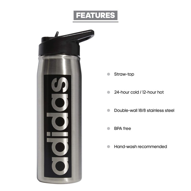 adidas 600 ML (20 oz) Straw Top Metal Water Bottle, Hot/Cold Double-Walled Insulated 18/8 Stainless Steel, Stainless Steel/Black, One Size - Image 2