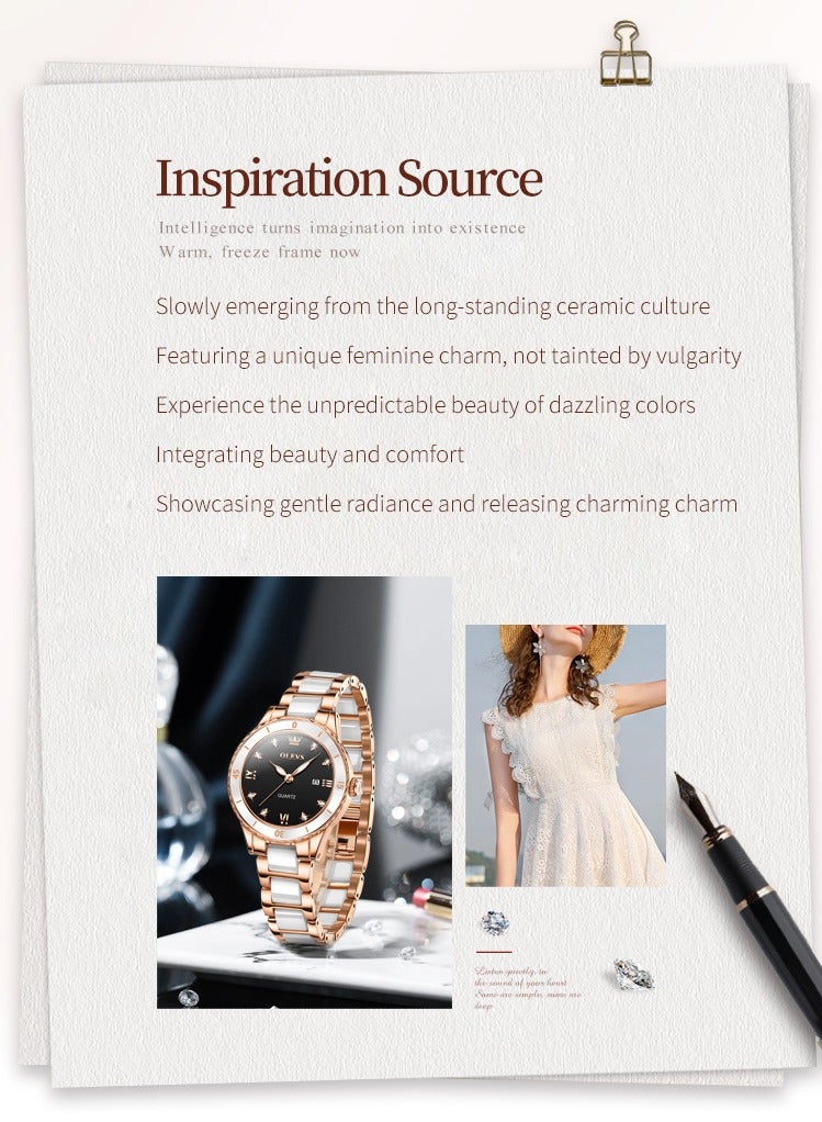 OLEVS Ladies' Watch Slim Ceramic Strap Iridescent Mother-of-Pearl Dial High-Hardness Coated Mirror Luminous Calendar Waterproof Student Watch - Image 2