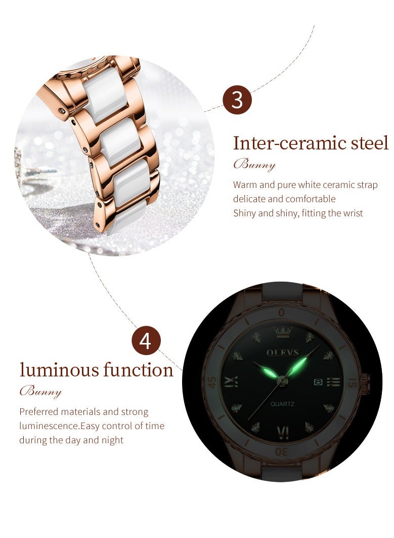 OLEVS Ladies' Watch Slim Ceramic Strap Iridescent Mother-of-Pearl Dial High-Hardness Coated Mirror Luminous Calendar Waterproof Student Watch - Image 5