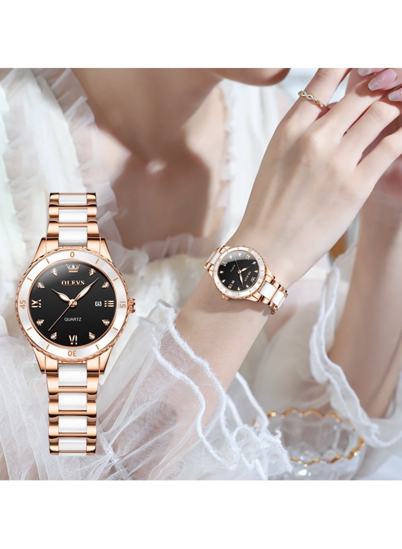 OLEVS Ladies' Watch Slim Ceramic Strap Iridescent Mother-of-Pearl Dial High-Hardness Coated Mirror Luminous Calendar Waterproof Student Watch - Image 1