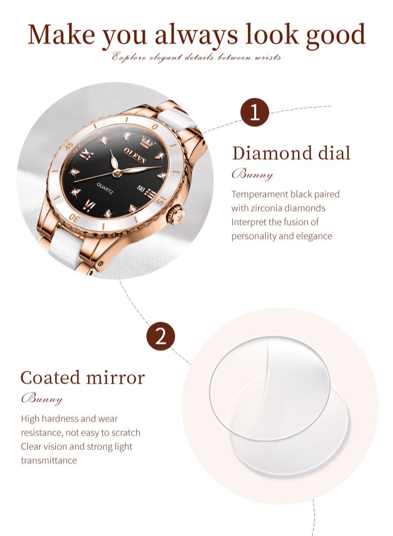 OLEVS Ladies' Watch Slim Ceramic Strap Iridescent Mother-of-Pearl Dial High-Hardness Coated Mirror Luminous Calendar Waterproof Student Watch - Image 4