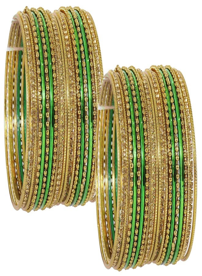 NMII Non-Precious Metal Base Metal Studded with Zircon Gemstone and Engraved Pattern Glossy Finished Bangle set for Women and Girls, (Dark Green_2.4 Inches), Pack Of 44 Bangle Set - Image 3