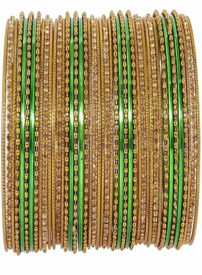 NMII Non-Precious Metal Base Metal Studded with Zircon Gemstone and Engraved Pattern Glossy Finished Bangle set for Women and Girls, (Dark Green_2.4 Inches), Pack Of 44 Bangle Set - Image 1