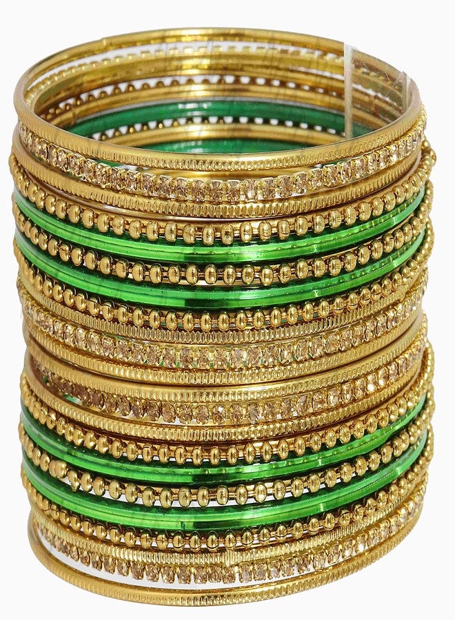 NMII Non-Precious Metal Base Metal Studded with Zircon Gemstone and Engraved Pattern Glossy Finished Bangle set for Women and Girls, (Dark Green_2.4 Inches), Pack Of 44 Bangle Set - Image 2