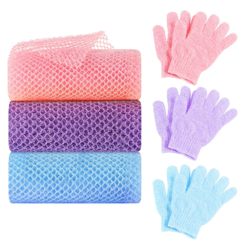 WSICSE 6 Pack African Net Sponge Exfoliating Glove Set, 3 Bath Sponge Body Scrubber Back Scrubber and 3 Pairs Exfoliating Gloves as Stocking Stuffers for Adults - Image 1