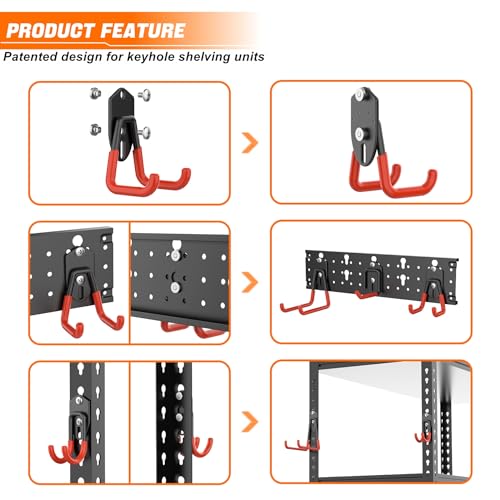 TORACK 24 PCS Garage Storage Hooks with Tracks, Wall Mount Tool Organizer for Garden Tools, Ladders, Cords, Folding Chairs, Shovels and Rakes, Shelving Hooks for Keyhole Style Shelving Units - Image 3
