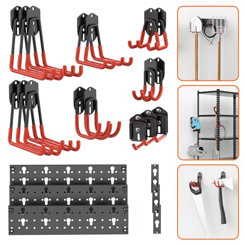 TORACK 24 PCS Garage Storage Hooks with Tracks, Wall Mount Tool Organizer for Garden Tools, Ladders, Cords, Folding Chairs, Shovels and Rakes, Shelving Hooks for Keyhole Style Shelving Units - Image 1