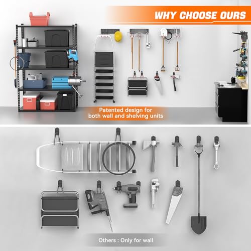 TORACK 24 PCS Garage Storage Hooks with Tracks, Wall Mount Tool Organizer for Garden Tools, Ladders, Cords, Folding Chairs, Shovels and Rakes, Shelving Hooks for Keyhole Style Shelving Units - Image 2
