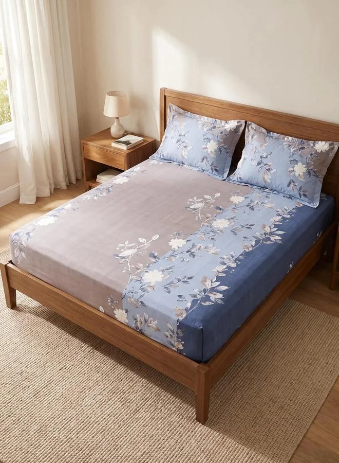 Styli Pack of 3- Printed King Fitted Bedsheet with Pillow Covers Blue