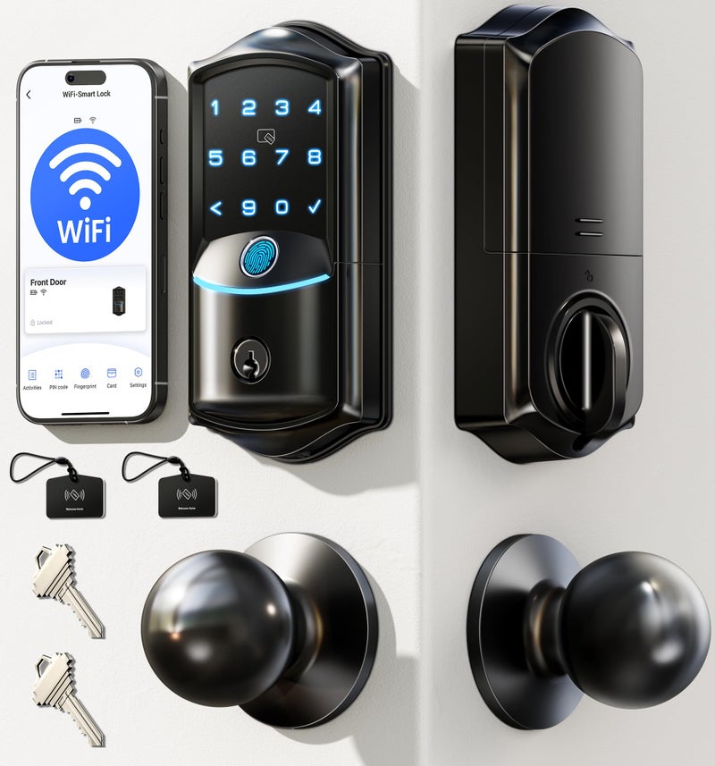 Veise VE027-K Built-in WiFi Smart Lock with 2 Knob, Fingerprint Keyless Entry Door Lock Handle Set for Front Door, App Remote Control, Electronic Digital Keypad Deadbolt, IP65 Waterproof, Matte Black - Image 1