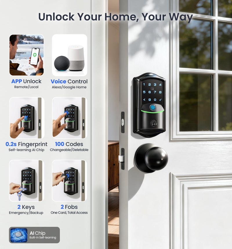 Veise VE027-K Built-in WiFi Smart Lock with 2 Knob, Fingerprint Keyless Entry Door Lock Handle Set for Front Door, App Remote Control, Electronic Digital Keypad Deadbolt, IP65 Waterproof, Matte Black - Image 2