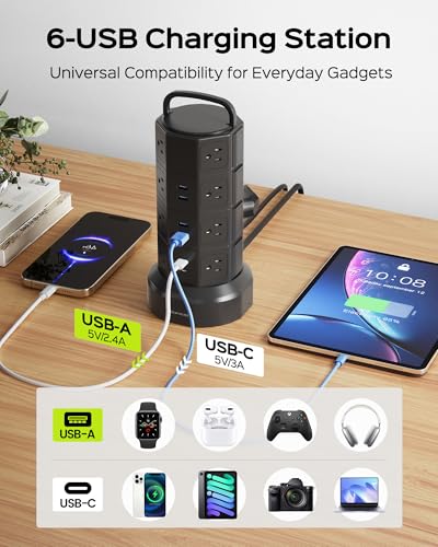 JACKYLED Power Strip Tower Surge Protector, JACKYLED 16 Outlets 6 USB (2 USB C) Charging Station, Extension Cord with Multiple Outlets, 1050J 1625W/13A Outlet Extender 6.5ft Extension Cord for Home Office - Image 5