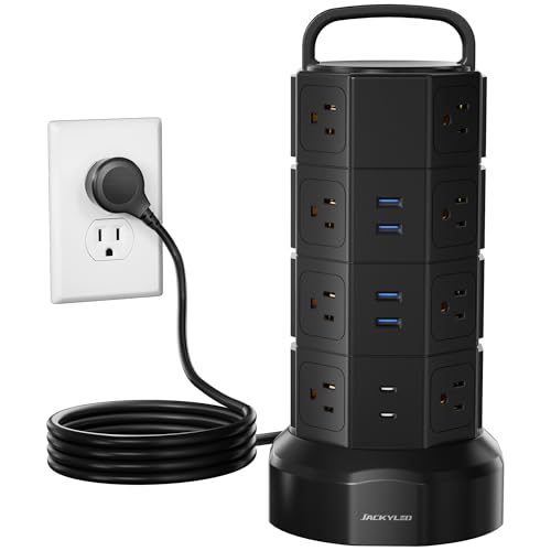 JACKYLED Power Strip Tower Surge Protector, JACKYLED 16 Outlets 6 USB (2 USB C) Charging Station, Extension Cord with Multiple Outlets, 1050J 1625W/13A Outlet Extender 6.5ft Extension Cord for Home Office - Image 1