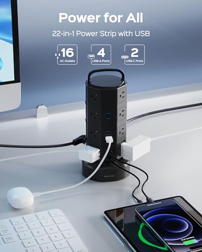 JACKYLED Power Strip Tower Surge Protector, JACKYLED 16 Outlets 6 USB (2 USB C) Charging Station, Extension Cord with Multiple Outlets, 1050J 1625W/13A Outlet Extender 6.5ft Extension Cord for Home Office - Image 2