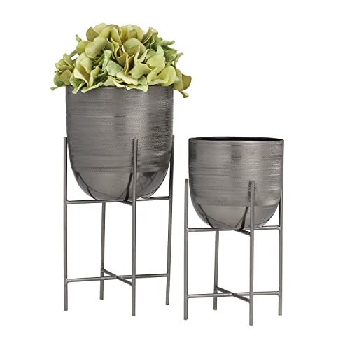 Deco 79 Metal Small Brushed Dome Planter with Removable Stand Set of 2 12 9H Gray - Image 1