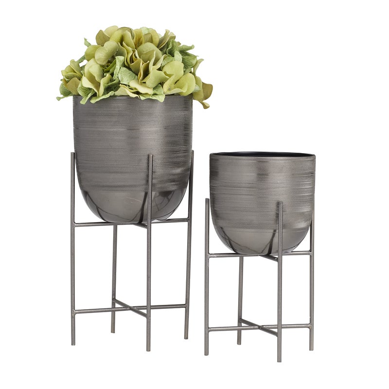 Deco 79 Metal Small Brushed Dome Planter with Removable Stand Set of 2 12 9H Gray - Image 2