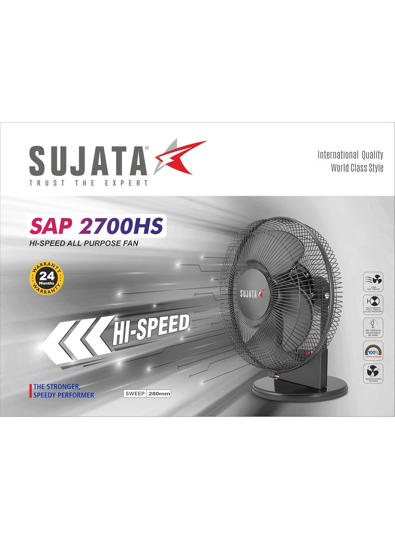Sujata Table Fan for Home | 2300 RPM, 2 Years Warranty | Small Table Fan High Speed for Home, 280 mm Compact Fan with Balanced Blades, Adjustable Tilt, Portable (SAP2700 HS - Black) - Image 4