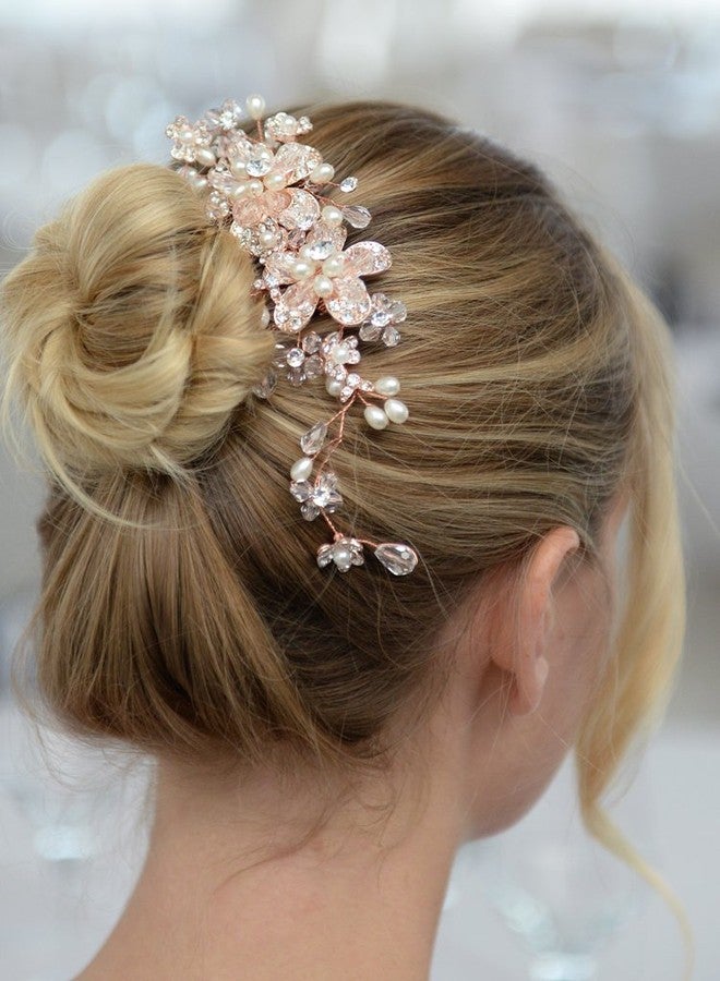 Mariell Vintage Wedding Rose Gold Hair Comb for Brides - Blush Flowers, Pearls & Crystal Hair Vine Sprays - Image 5
